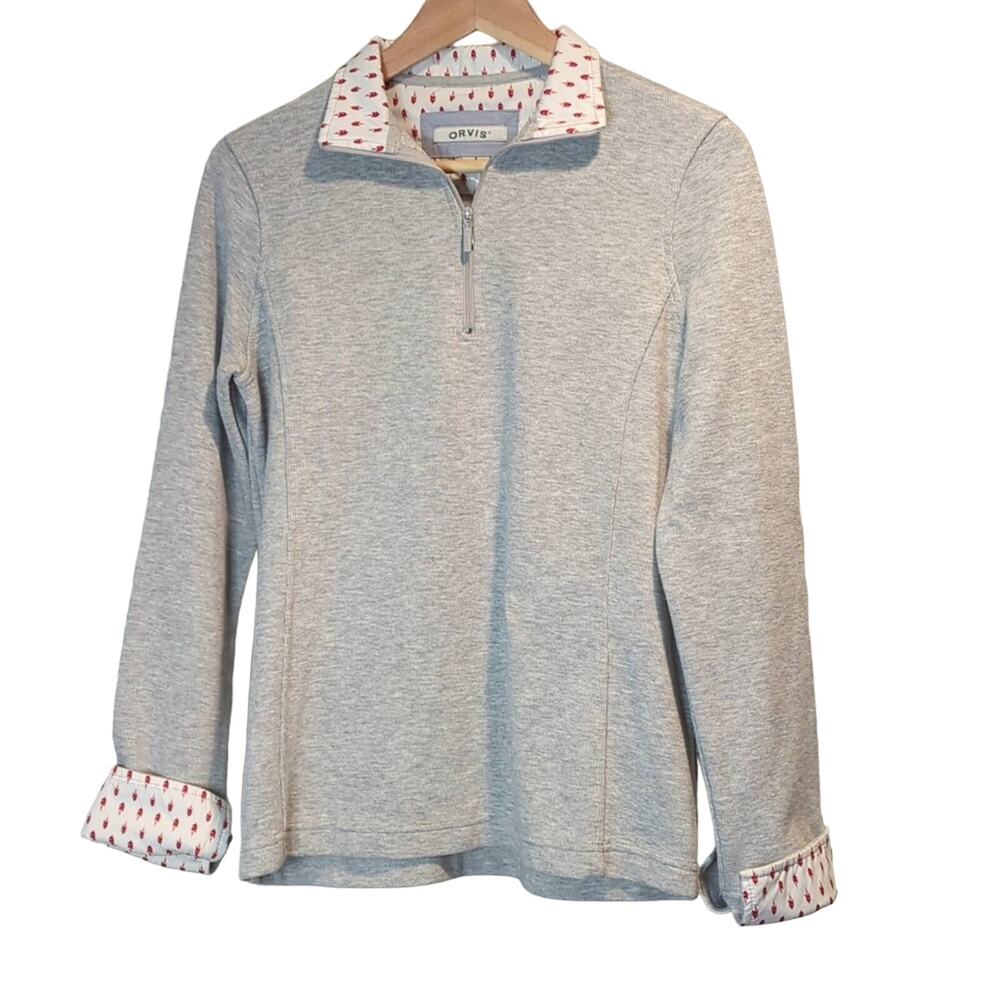 Orvis Grey 1/4 Zip Pullover Contrasting Cuffs and Collars Size Small